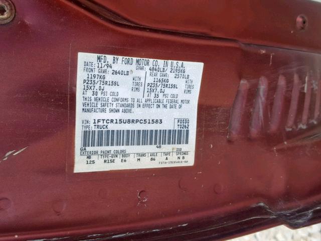 1FTCR15U8RPC51583 - 1994 FORD RANGER SUP RED photo 10