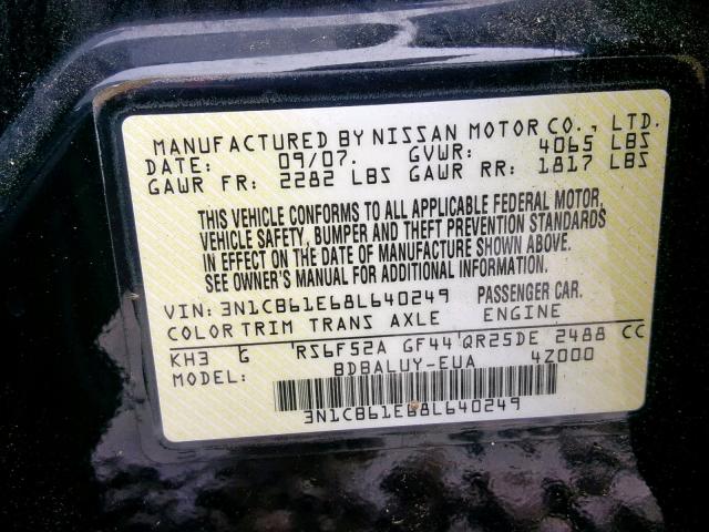 3N1CB61E68L640249 - 2008 NISSAN SENTRA SE- BLACK photo 10