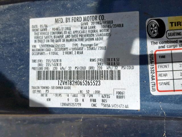 1ZVHT82H065265523 - 2006 FORD MUSTANG GT BLUE photo 10