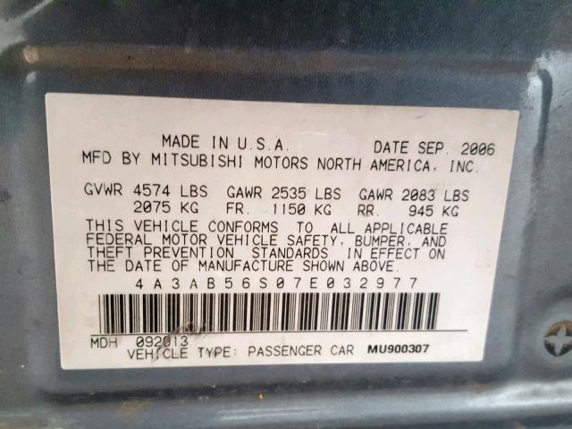 4A3AB56S07E032977 - 2007 MITSUBISHI GALANT GTS GRAY photo 10