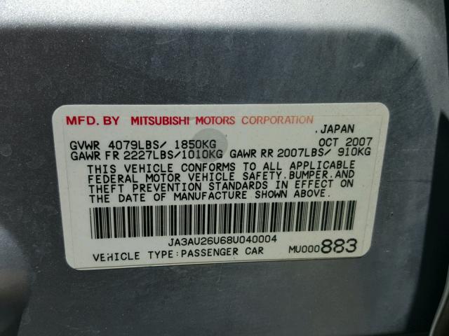 JA3AU26U68U040004 - 2008 MITSUBISHI LANCER ES SILVER photo 10