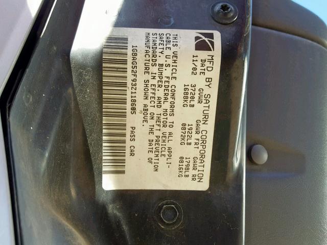 1G8AG52F93Z118685 - 2003 SATURN ION LEVEL SILVER photo 10