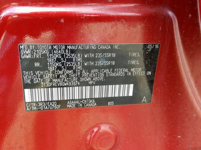 2T3DFREV8GW493974 - 2016 TOYOTA RAV4 LIMIT RED photo 10