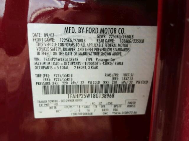 1FAHP25W18G138968 - 2008 FORD TAURUS LIM BURGUNDY photo 10