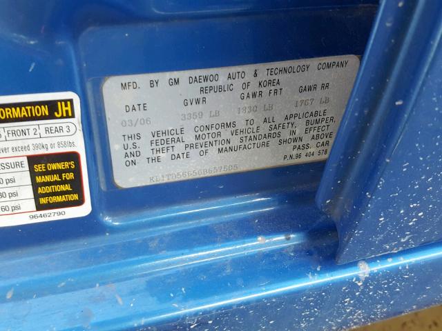 KL1TD56656B657505 - 2006 CHEVROLET AVEO BASE Mavi foto 10