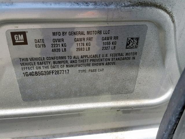 1G4GB5G39FF287717 - 2015 BUICK LACROSSE SILVER photo 10