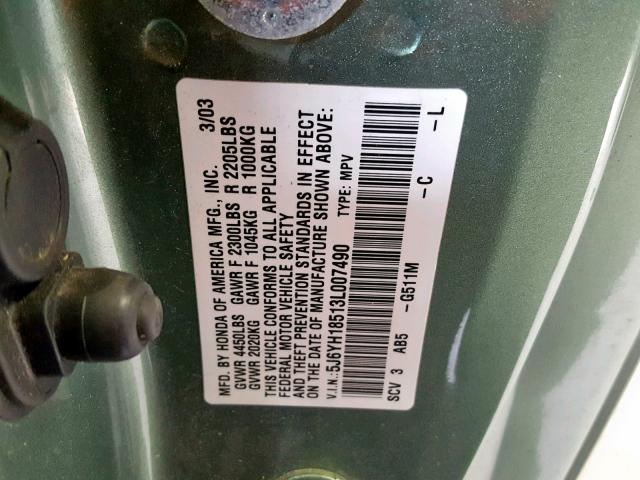 5J6YH18513L007490 - 2003 HONDA ELEMENT EX GREEN photo 10