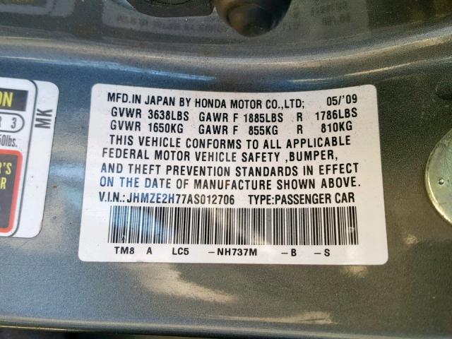 JHMZE2H77AS012706 - 2010 HONDA INSIGHT EX GRAY photo 10