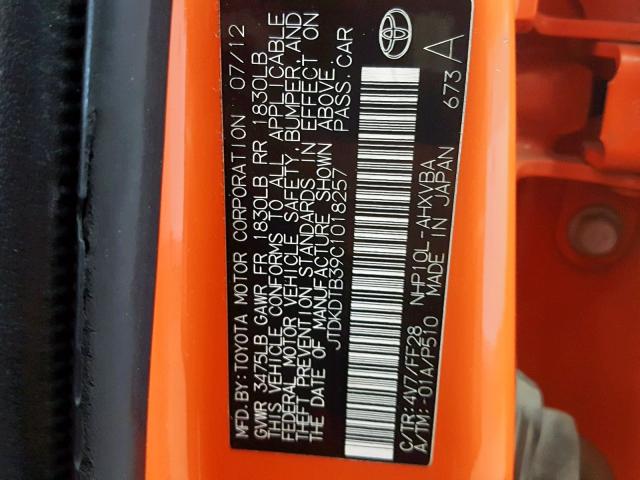 JTDKDTB39C1018257 - 2012 TOYOTA PRIUS C ORANGE photo 10