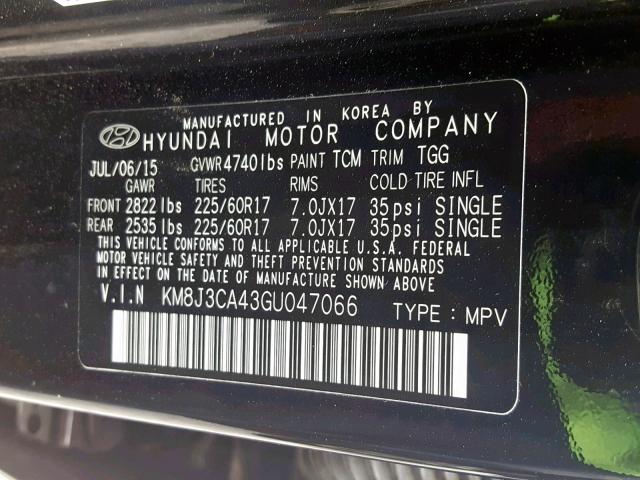 KM8J3CA43GU047066 - 2016 HYUNDAI TUCSON LIM BLACK photo 10