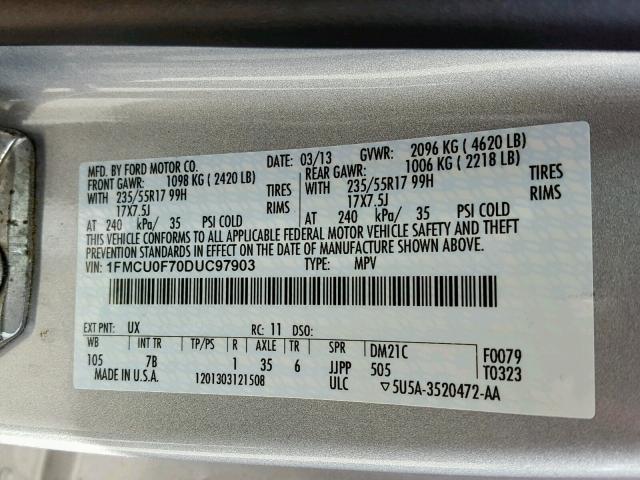 1FMCU0F70DUC97903 - 2013 FORD ESCAPE S SILVER photo 10