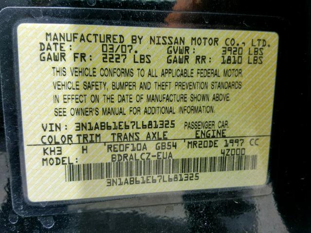 3N1AB61E67L681325 - 2007 NISSAN SENTRA 2.0 BLACK photo 10