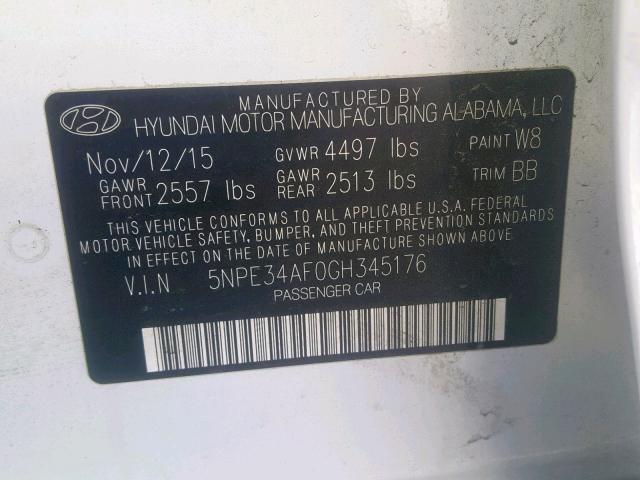 5NPE34AF0GH345176 - 2016 HYUNDAI SONATA SPO WHITE photo 10