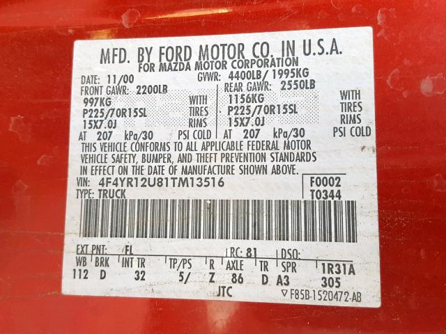 4F4YR12U81TM13516 - 2001 MAZDA B3000 RED photo 10