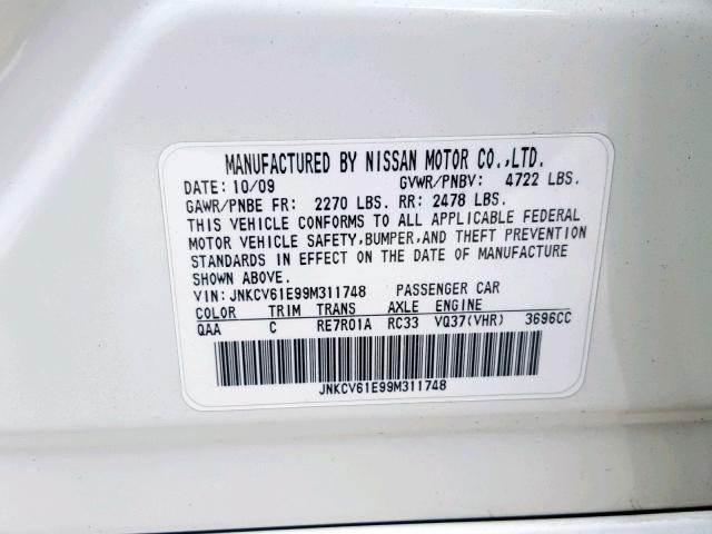 JNKCV61E99M311748 - 2009 INFINITI G37 BASE WHITE photo 10