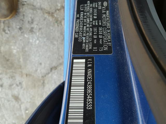 KNADE243896548533 - 2009 KIA RIO 5 SX BLUE photo 10