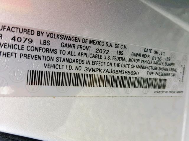 3VW2K7AJ0BM385690 - 2011 VOLKSWAGEN JETTA BASE SILVER photo 10