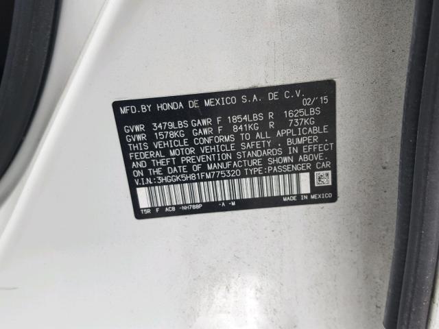 3HGGK5H81FM775320 - 2015 HONDA FIT EX WHITE photo 10