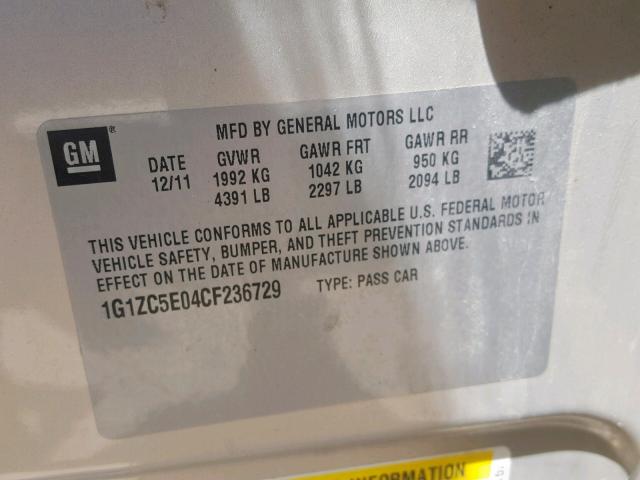 1G1ZC5E04CF236729 - 2012 CHEVROLET MALIBU 1LT BEIGE photo 10