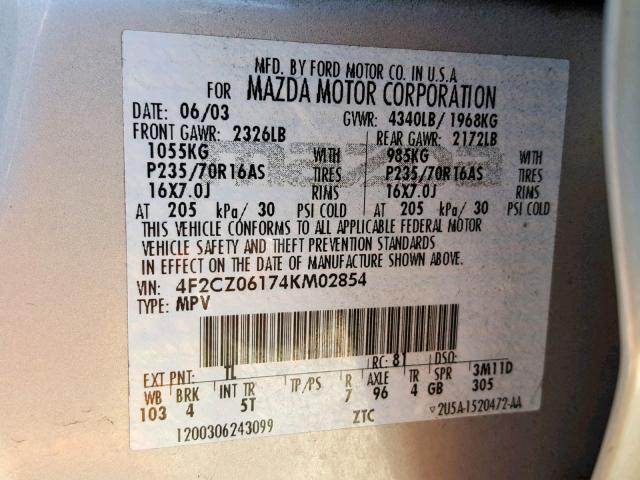 4F2CZ06174KM02854 - 2004 MAZDA TRIBUTE ES 银色 照片 10