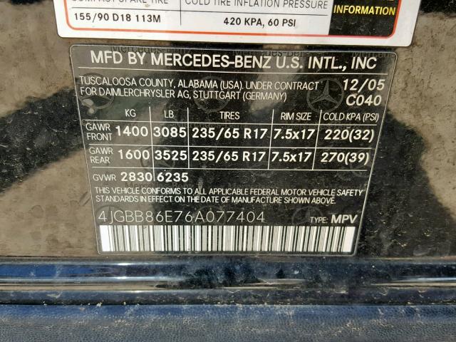 4JGBB86E76A077404 - 2006 MERCEDES-BENZ ML 350 BLACK photo 10