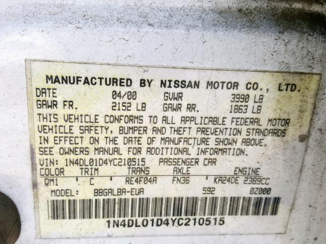 1N4DL01D4YC210515 - 2000 NISSAN ALTIMA XE WHITE photo 10