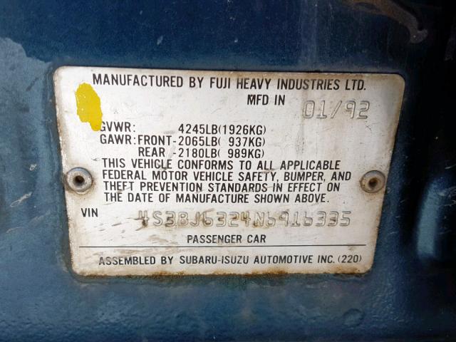 4S3BJ6324N6916335 - 1992 SUBARU LEGACY L GREEN photo 10