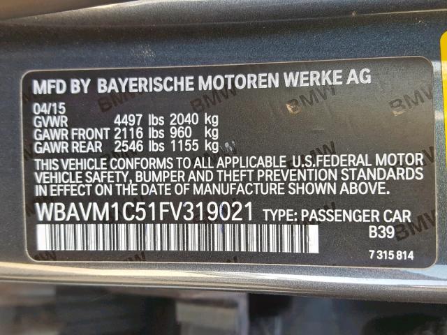 WBAVM1C51FV319021 - 2015 BMW X1 SDRIVE2 GRAY photo 10