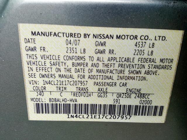 1N4CL21E17C207957 - 2007 NISSAN ALTIMA HYB GREEN photo 10