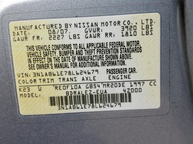 3N1AB61E78L624679 - 2008 NISSAN SENTRA 2.0 SILVER photo 10