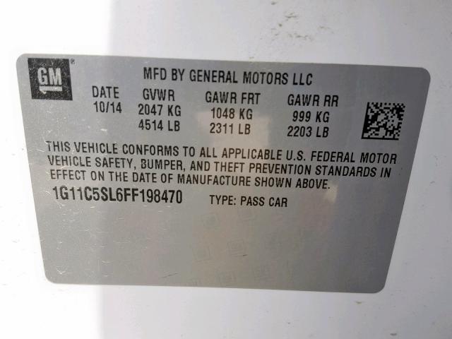 1G11C5SL6FF198470 - 2015 CHEVROLET MALIBU 1LT თეთრი ფოტო 10