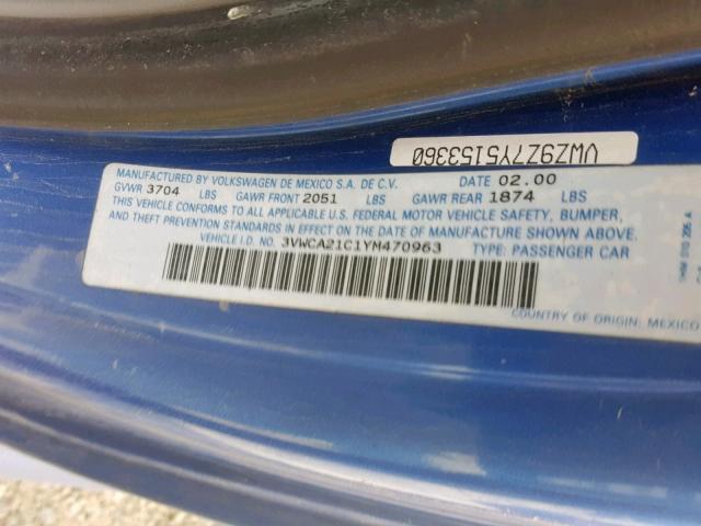 3VWCA21C1YM470963 - 2000 VOLKSWAGEN NEW BEETLE ლურჯი ფოტო 10