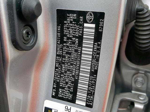 4T1BD1FK6FU174485 - 2015 TOYOTA CAMRY HYBR SILVER photo 10