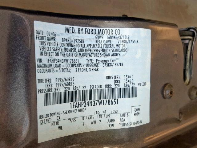 1FAHP34N37W178651 - 2007 FORD FOCUS ZX4 GRAY photo 10