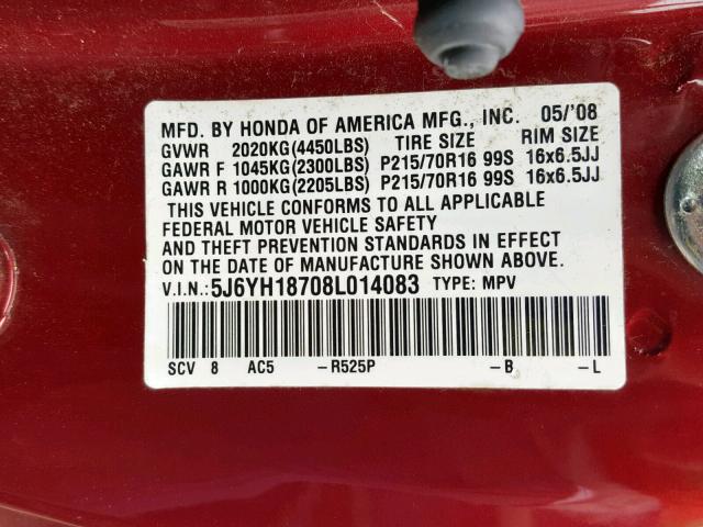 5J6YH18708L014083 - 2008 HONDA ELEMENT EX BURGUNDY photo 10