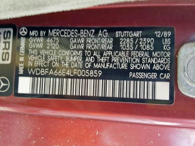 WDBFA66E4LF005859 - 1990 MERCEDES-BENZ 500 SL BURGUNDY photo 10