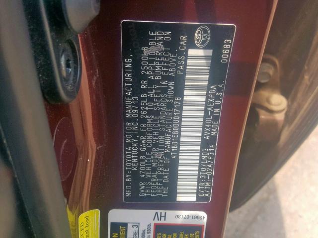 4T1BD1EB0DU017176 - 2013 TOYOTA AVALON HYB BURGUNDY photo 10