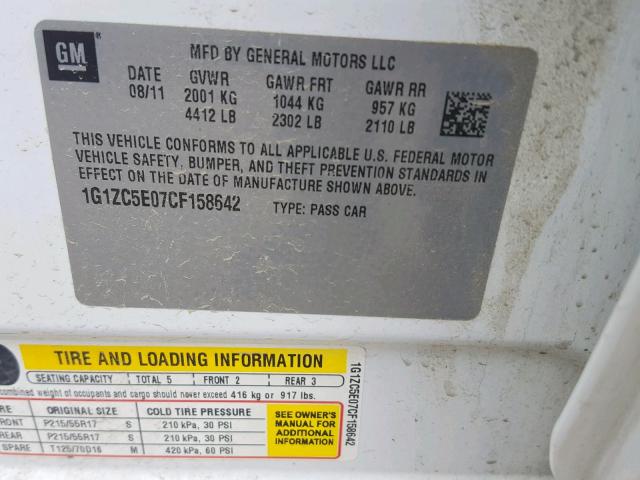 1G1ZC5E07CF158642 - 2012 CHEVROLET MALIBU 1LT WHITE photo 10