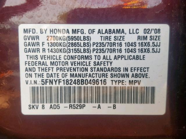 5FNYF18248B049616 - 2008 HONDA PILOT VP MAROON photo 10