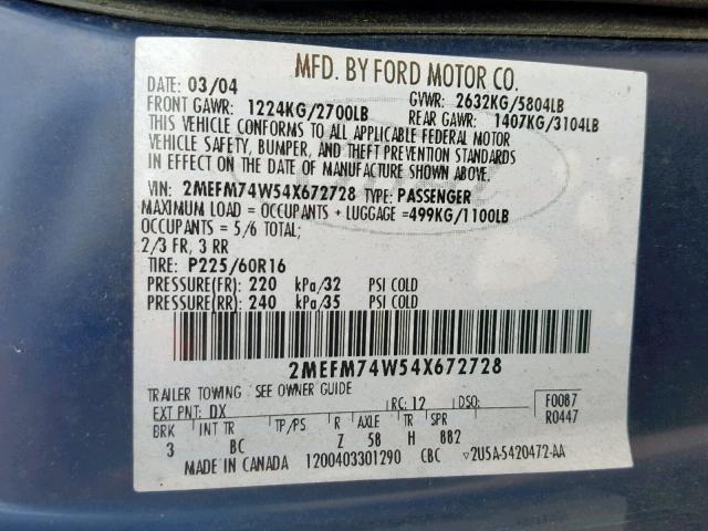 2MEFM74W54X672728 - 2004 MERCURY GRAND MARQ BLUE photo 10