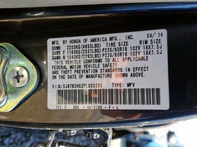 5J8TB3H52FL000289 - 2015 ACURA RDX TECHNO GRAY photo 10