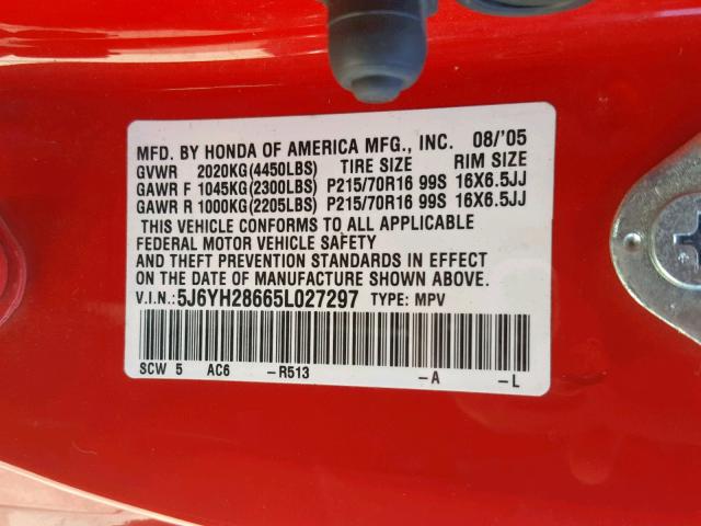 5J6YH28665L027297 - 2005 HONDA ELEMENT EX RED photo 10