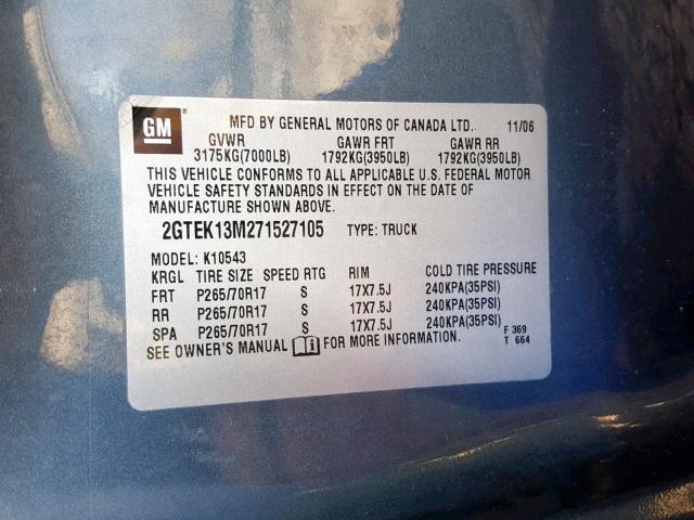 2GTEK13M271527105 - 2007 GMC NEW SIERRA BLUE photo 10