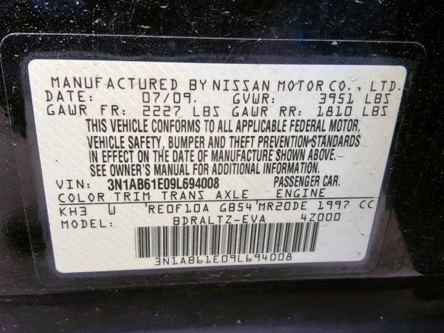 3N1AB61E09L694008 - 2009 NISSAN SENTRA 2.0 BLACK photo 10