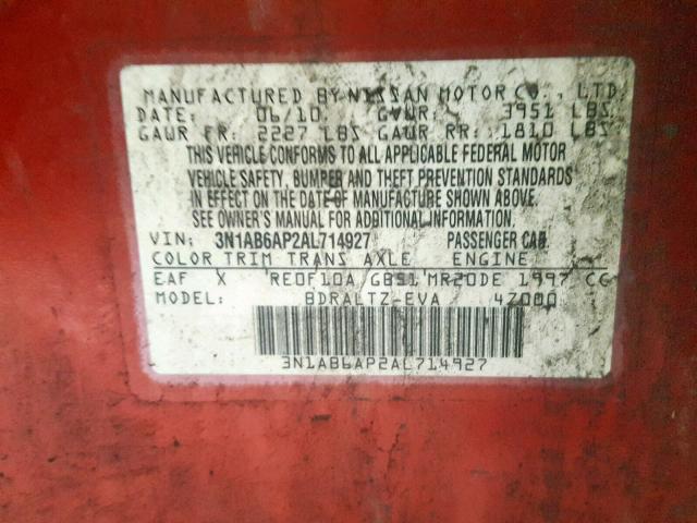 3N1AB6AP2AL714927 - 2010 NISSAN SENTRA 2.0 RED photo 10