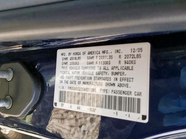 19UUA66226A021396 - 2006 ACURA 3.2TL BLUE photo 10