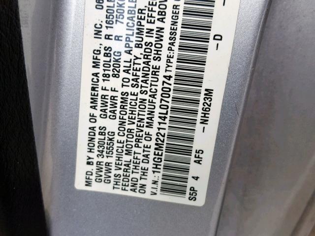 1HGEM22114L070074 - 2004 HONDA CIVIC DX V SILVER photo 10