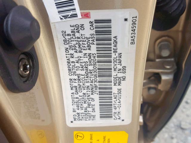 JTHBF30G630092045 - 2003 LEXUS ES 300 TAN photo 10