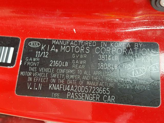 KNAFU4A20D5723665 - 2013 KIA FORTE EX RED photo 10