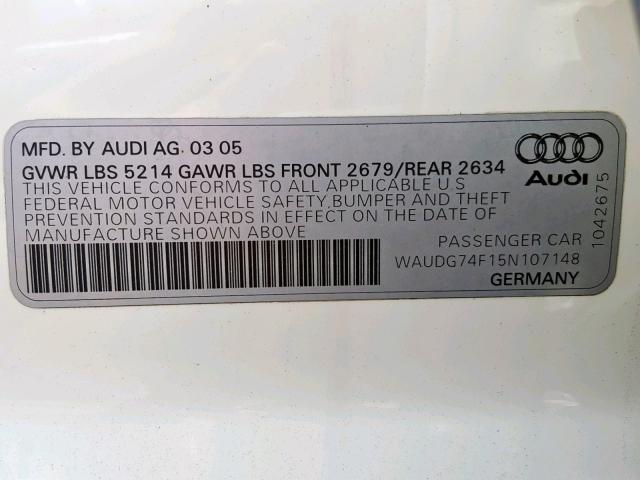 WAUDG74F15N107148 - 2005 AUDI A6 3.2 QUA WHITE photo 10